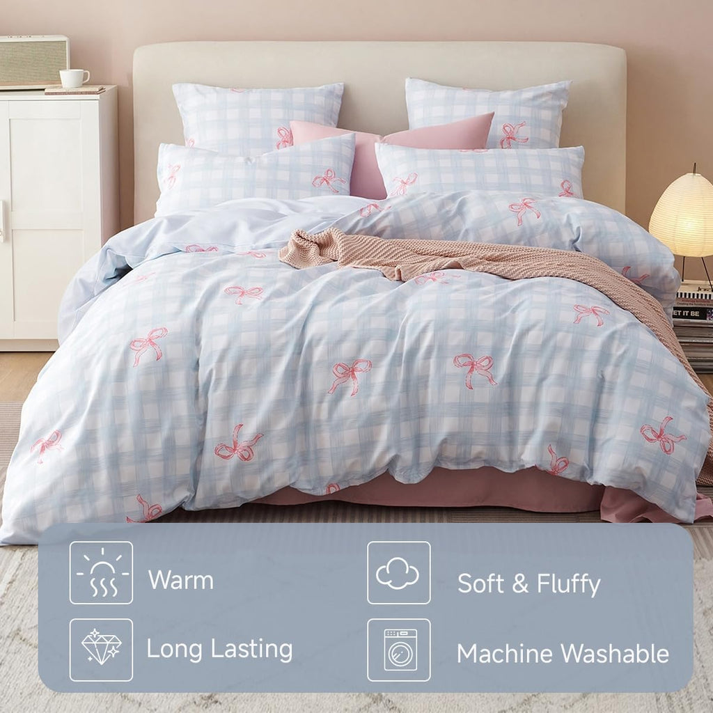 Plaid Comforter Set Full Blue Gingham Pink Bow Bedding Set