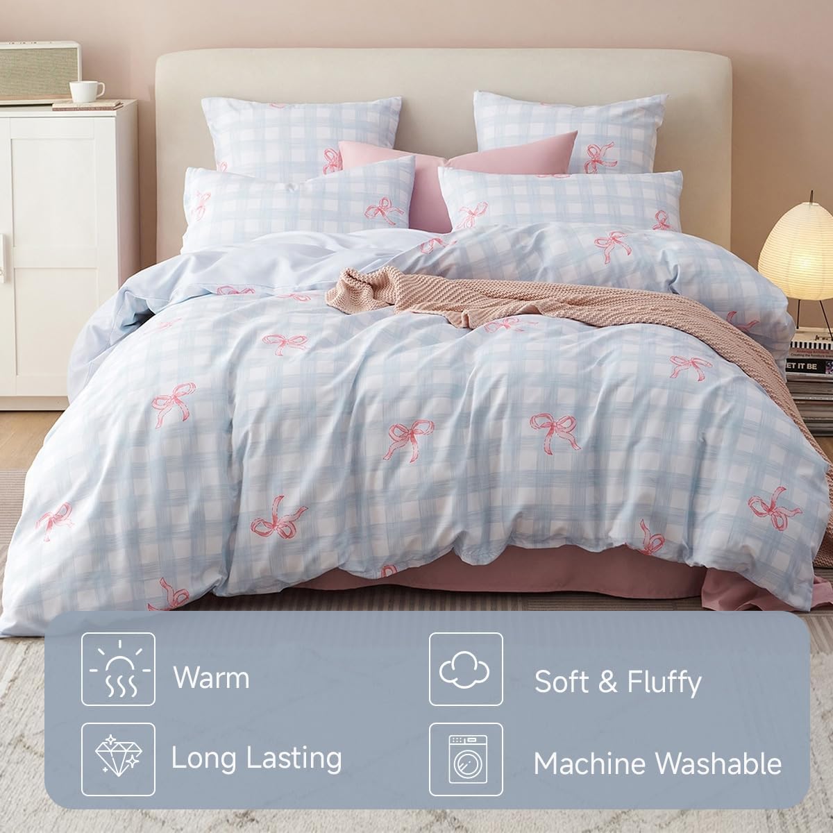 Plaid Comforter Set Full Blue Gingham Pink Bow Bedding Set