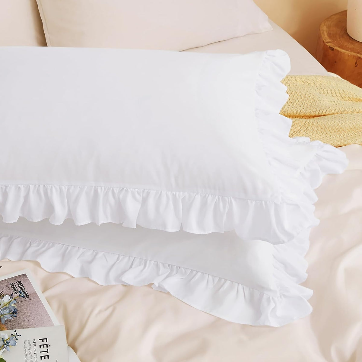 Horbaunal 2 Pack White Ruffle Pillowcases Standard Size, 20" x 26"