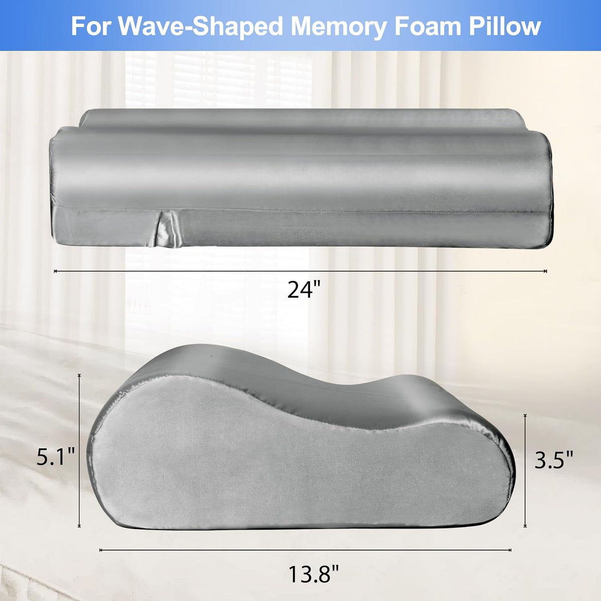 Satin Pillowcase for Contour Memory Foam Pillows, 24" x 14" x 5.1"/3.5" Cervical Pillow Case, Soft Pillow Cover for Sleeping Pillows (Grey)