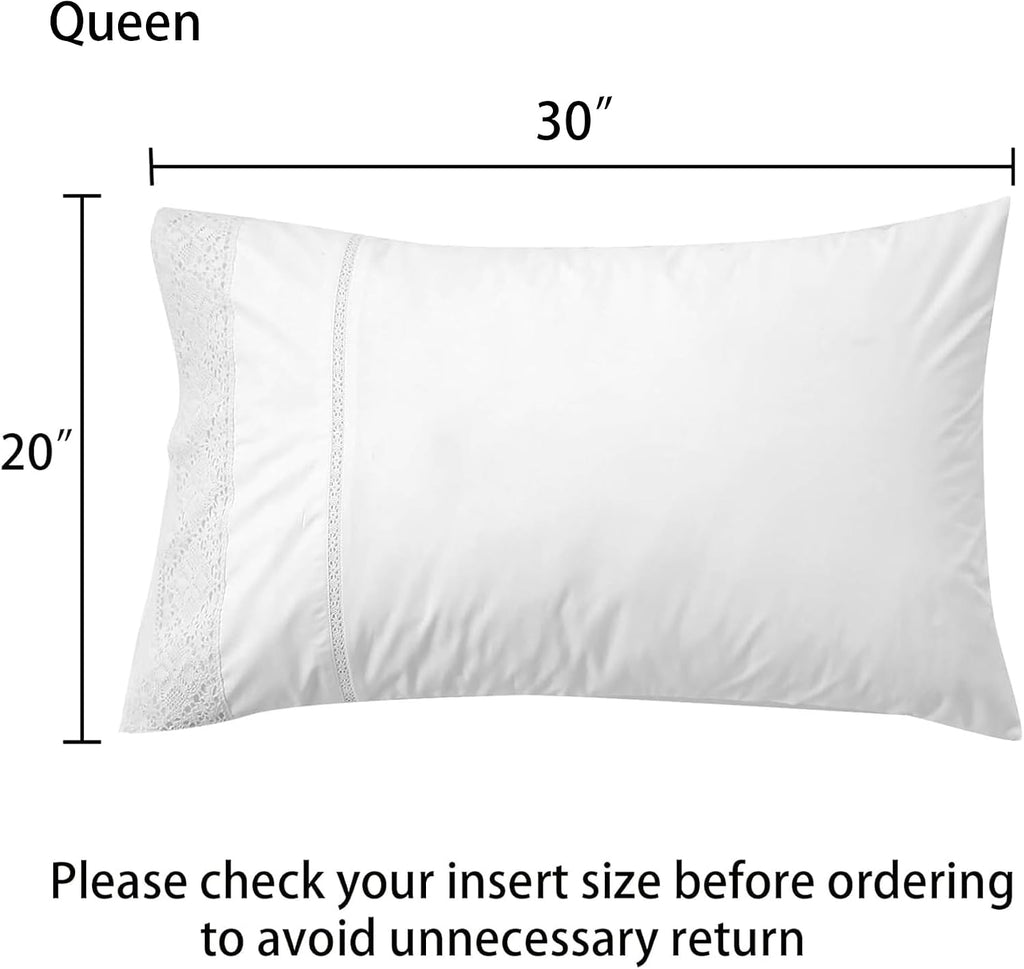 White Lace Pillow Cases Queen Size Set of 2, 100% Cotton Pillowcases, 20x30