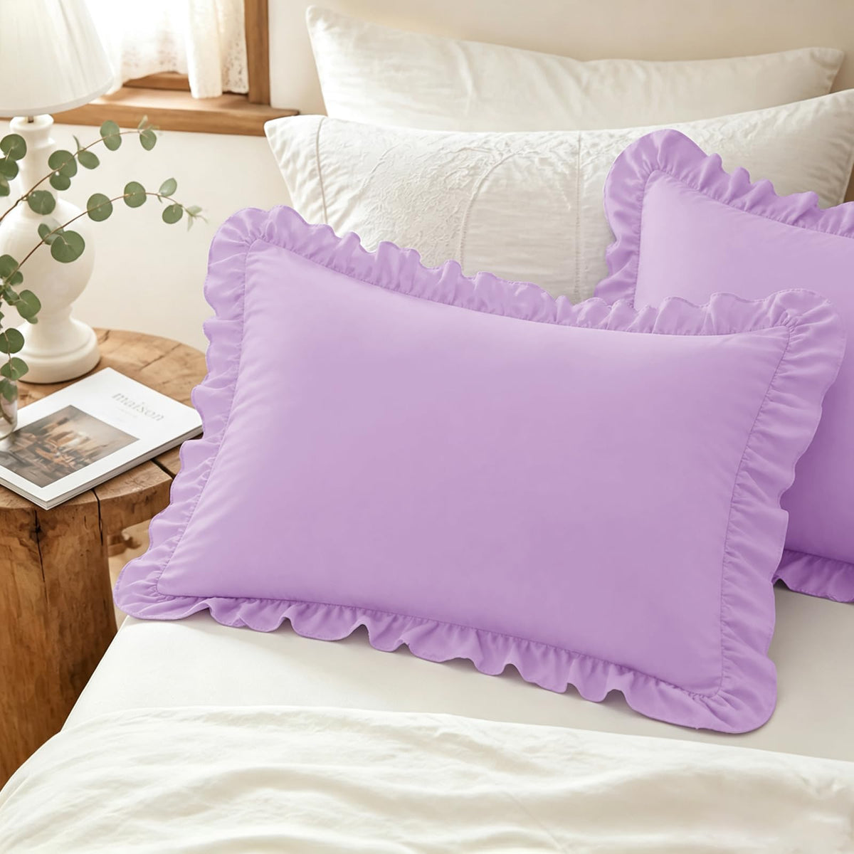 Homiest Ruffle Pillow Cases Standard Set of 2, White, 20x26 in
