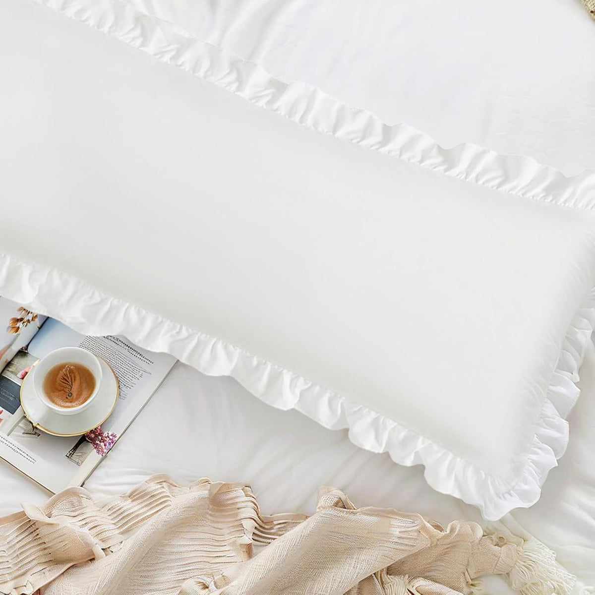 Ruffled Pillow Cases, White, Body 20"x54", Set of 1