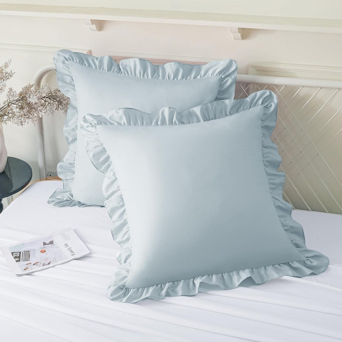 KKJIAF 2 Pack Ruffle Pillow Cases 26x26 Inches, Dusty Blue