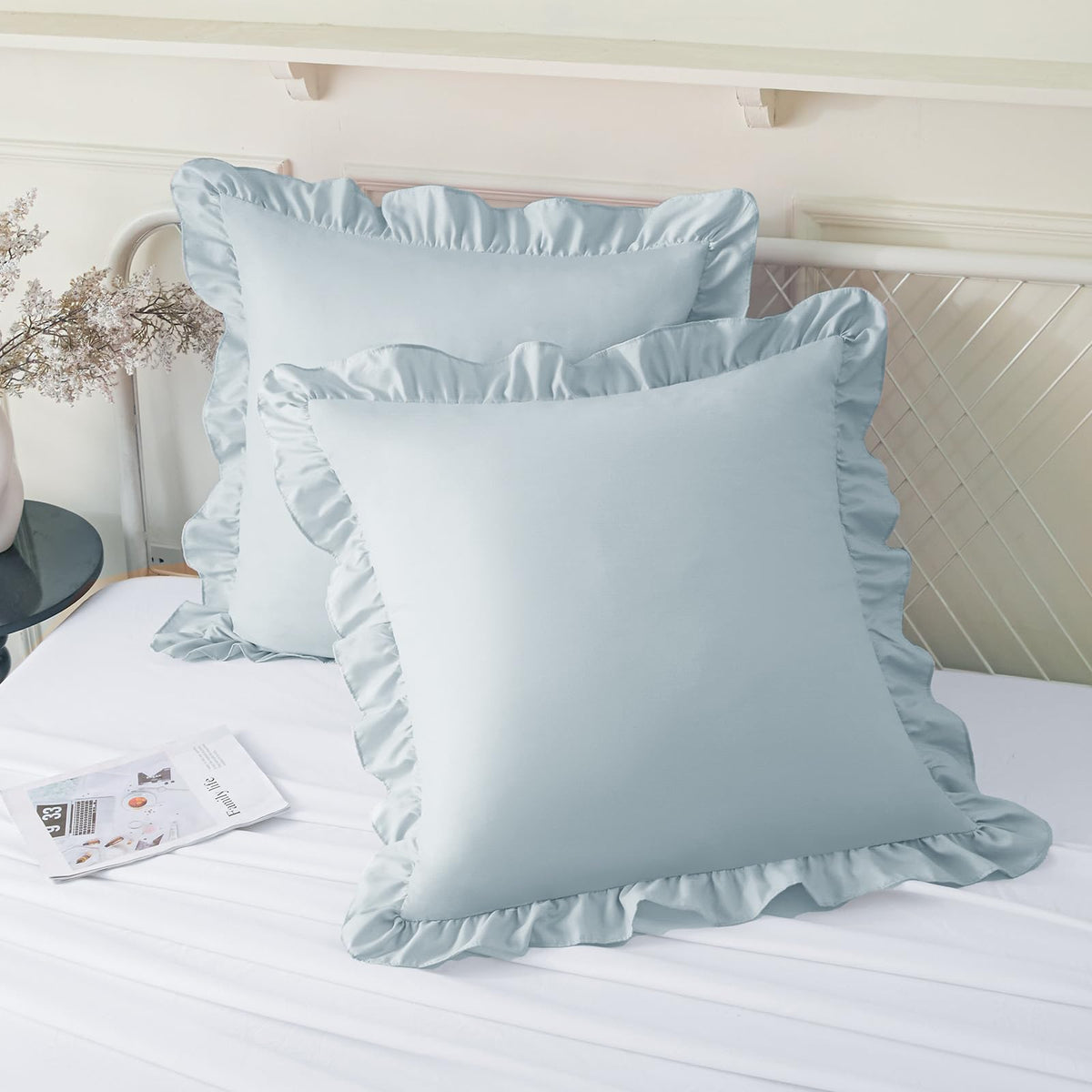 KKJIAF 2 Pack Ruffle Pillow Cases 26x26 Inches, Dusty Blue