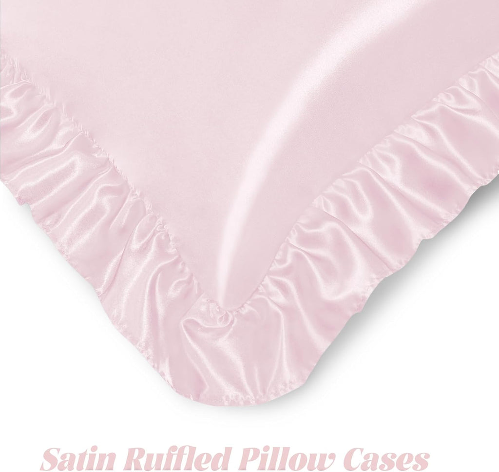 Homiest Blush Pink Ruffle Satin Pillowcase Set of 2, Standard