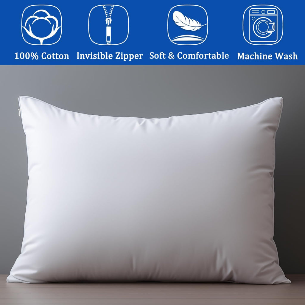 White Pillow Cases Standard Size 100% Cotton with Zipper, Set of 2, 20X26