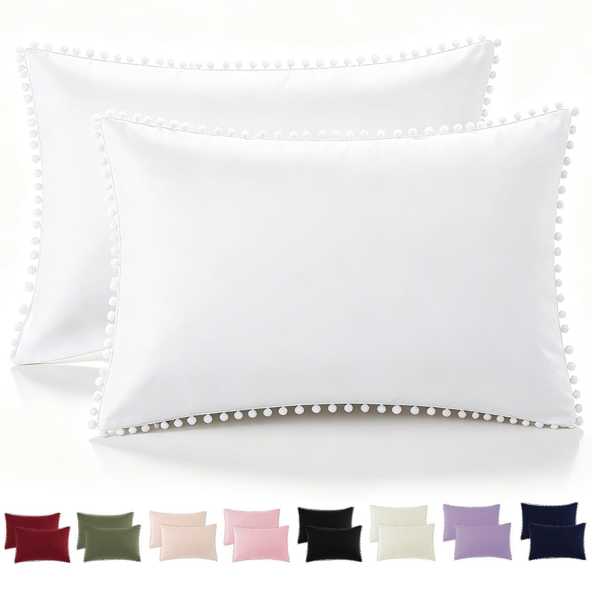 Pom Poms Pillow Shams King Size Set of 2, Olive Green Decorative Pillowcases with Envelope Closure, Soft Microfiber Shams Cover with Pom Pom Trim, Wrinkle Resistant (20 x 36 Inches)
