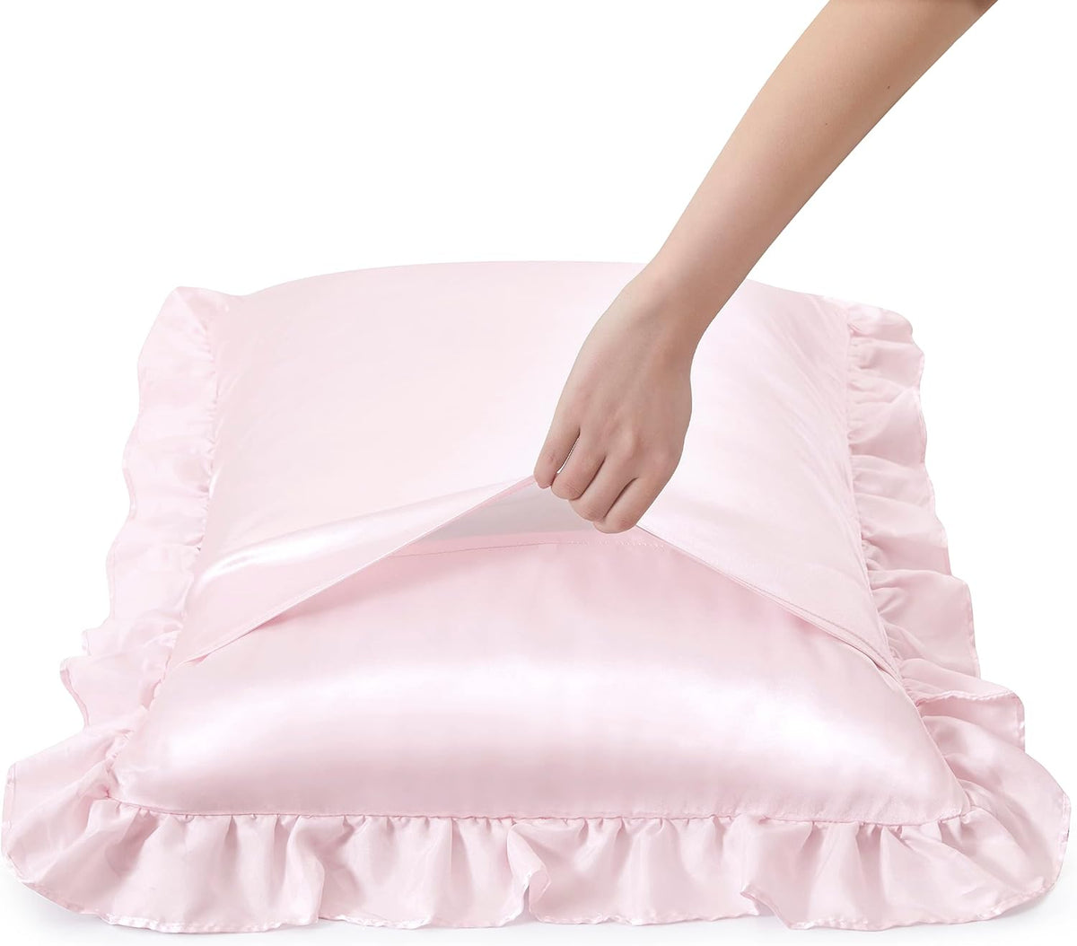 Blush Pink Satin Ruffled Pillow Cases for Hair and Skin,Blush Pink Silk Pillowcases Standard Set of 2 with Envelope Closure Princess Room Decoration