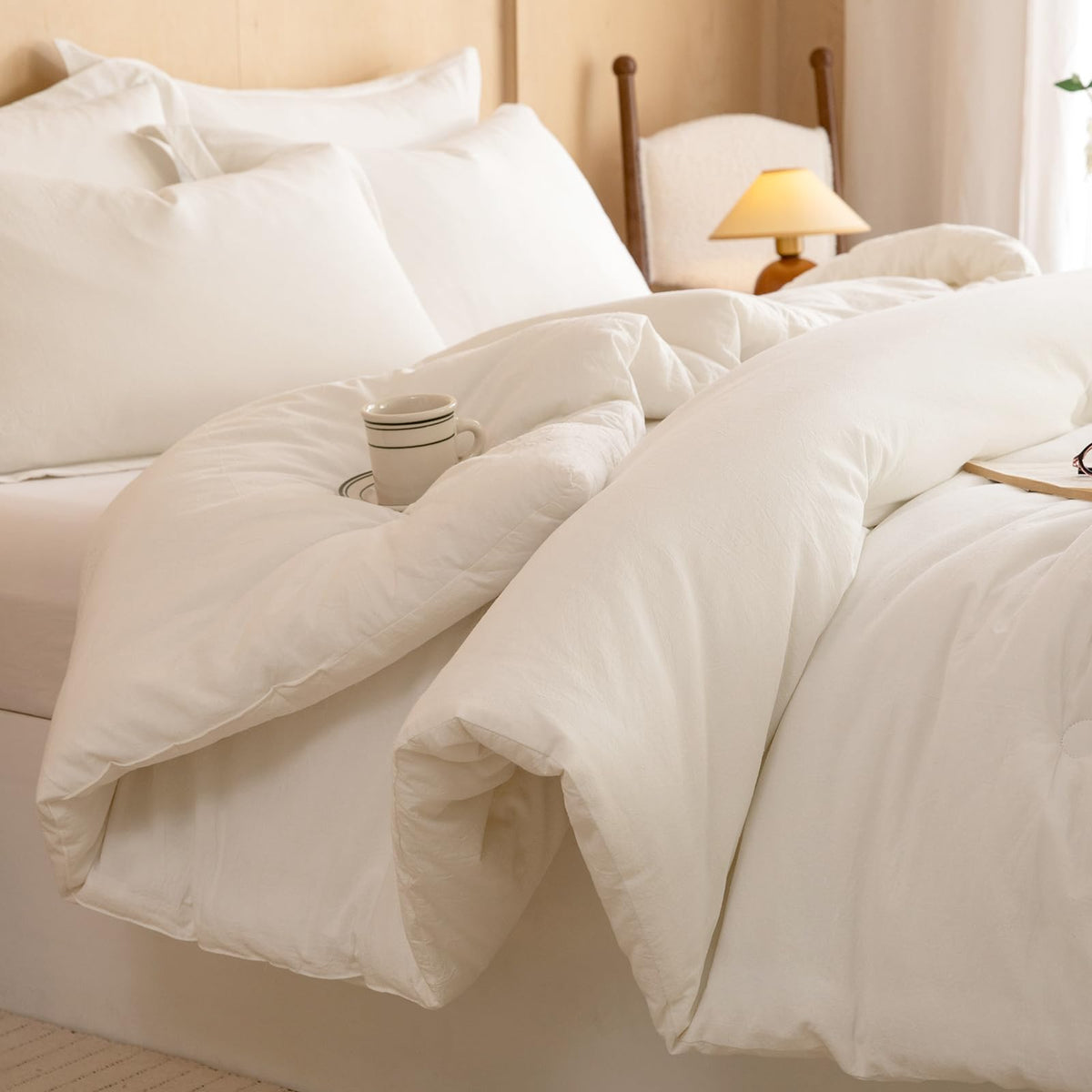 Cyusri Cotton Stripe Full Comforter Set - Soft Lightweight Bedding 3 Pieces Dyed Bed Set with 2 Pillow Shams,Reversible All Season Farmhouse Down Alternative(Full Size 80"x90" Beige)