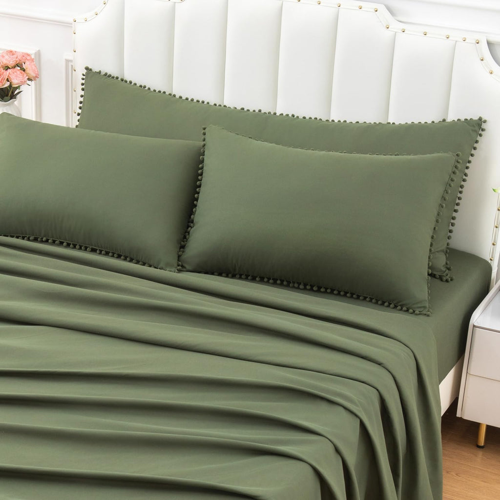 Pom Poms Pillow Shams King Size Set of 2, Olive Green Decorative Pillowcases with Envelope Closure, Soft Microfiber Shams Cover with Pom Pom Trim, Wrinkle Resistant (20 x 36 Inches)