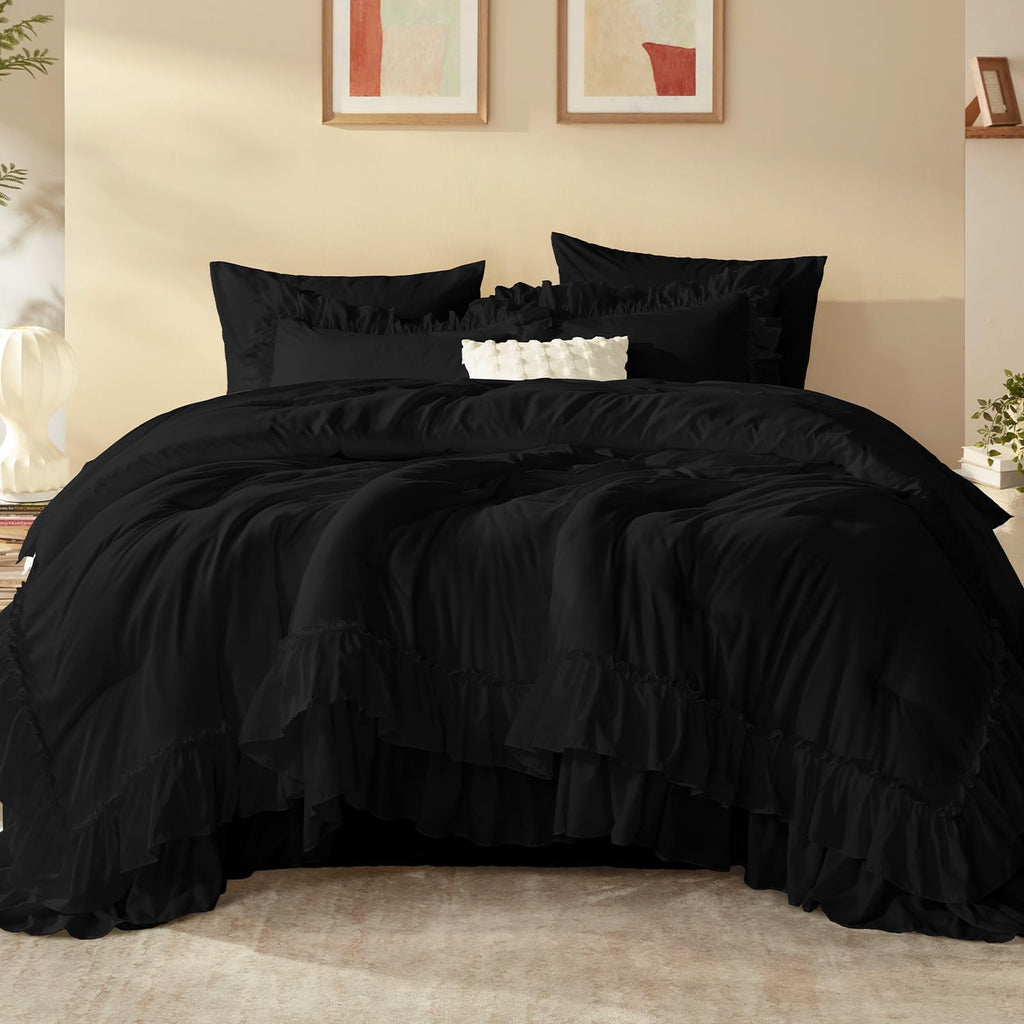 Litanika Queen Comforter Set, 7 Pcs White Ruffle Bed in a Bag