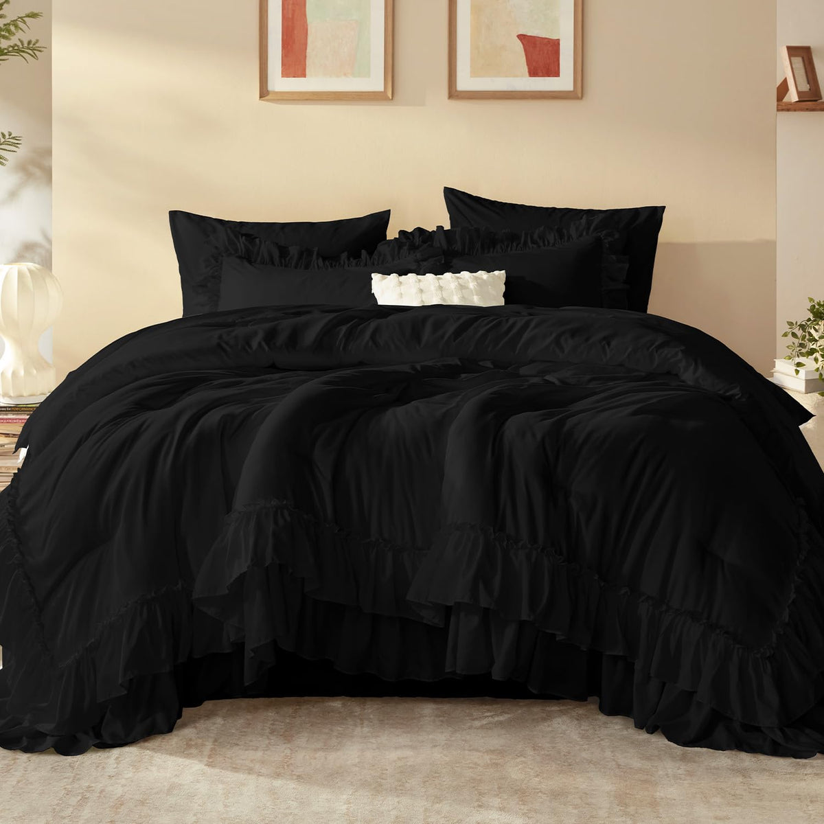 Litanika Queen Comforter Set, 7 Pcs White Ruffle Bed in a Bag