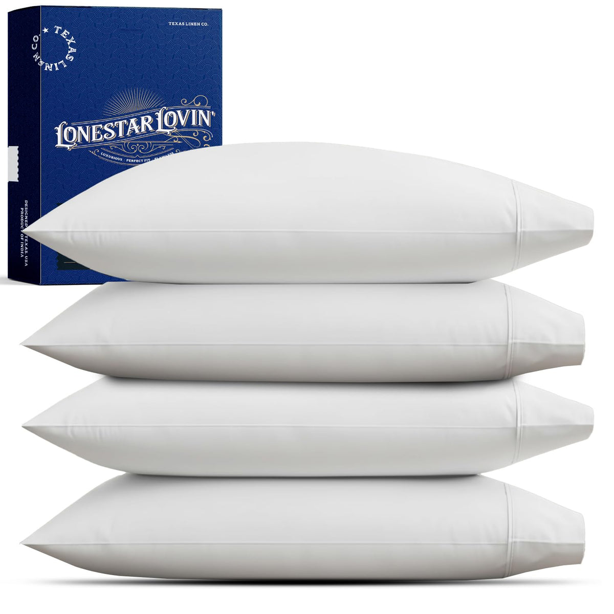 TEXAS LINEN CO. Luxury Egyptian Cotton King White Pillow Cases Set of 2-1000 Series Lonestar Lovin' Collection Pillowcases for Sleeping, Cooling Pillow Cover, Extra Long Staple Hotel Pillowcases