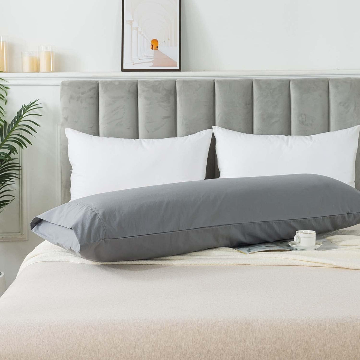 WhatsBedding Body Pillow Cover Cotton, Envelope Closure, Grey, 20x54