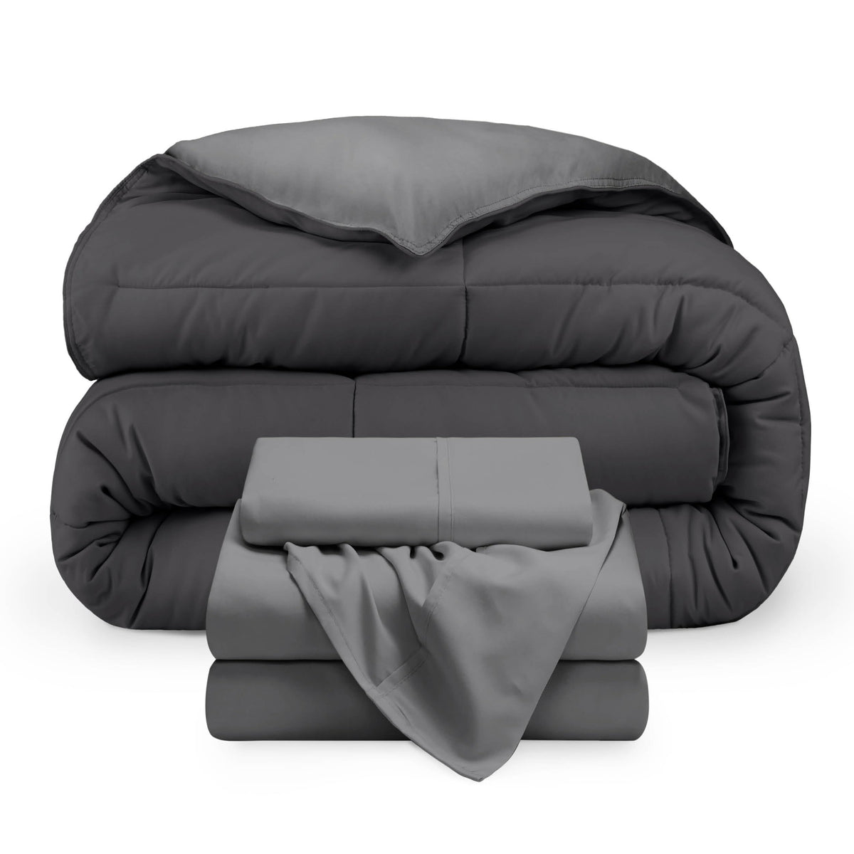 Bare Home Reversible Bed-in-A-Bag Comforter & Sheet Set - Queen - Down Alternative - Soft - Bedding Set (Queen, Light Grey/Grey)