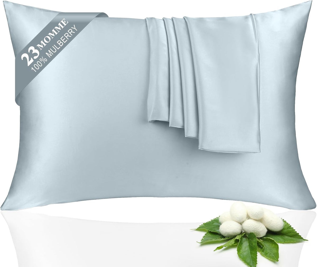 100% Silk Pillowcase 2 Pack for Hair and Skin, Both Sides 23 Momme Grade 6A+ Mulberry Silk Pillowcases with Hidden Zipper, Soft&Smooth Cooling Pillow Cases (Ash Blue, Standard 20×26)