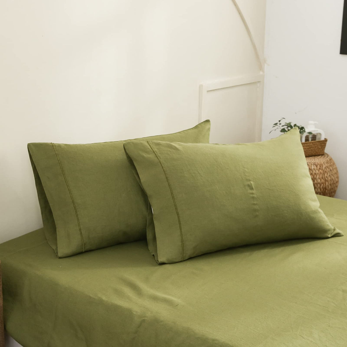 Simple&Opulence 100% French Linen Pillowcase Queen Size-Set of 2- Washed Solid Color Pillow Cases Embroidered -Soft and Durable (Linen, 20''x30'')