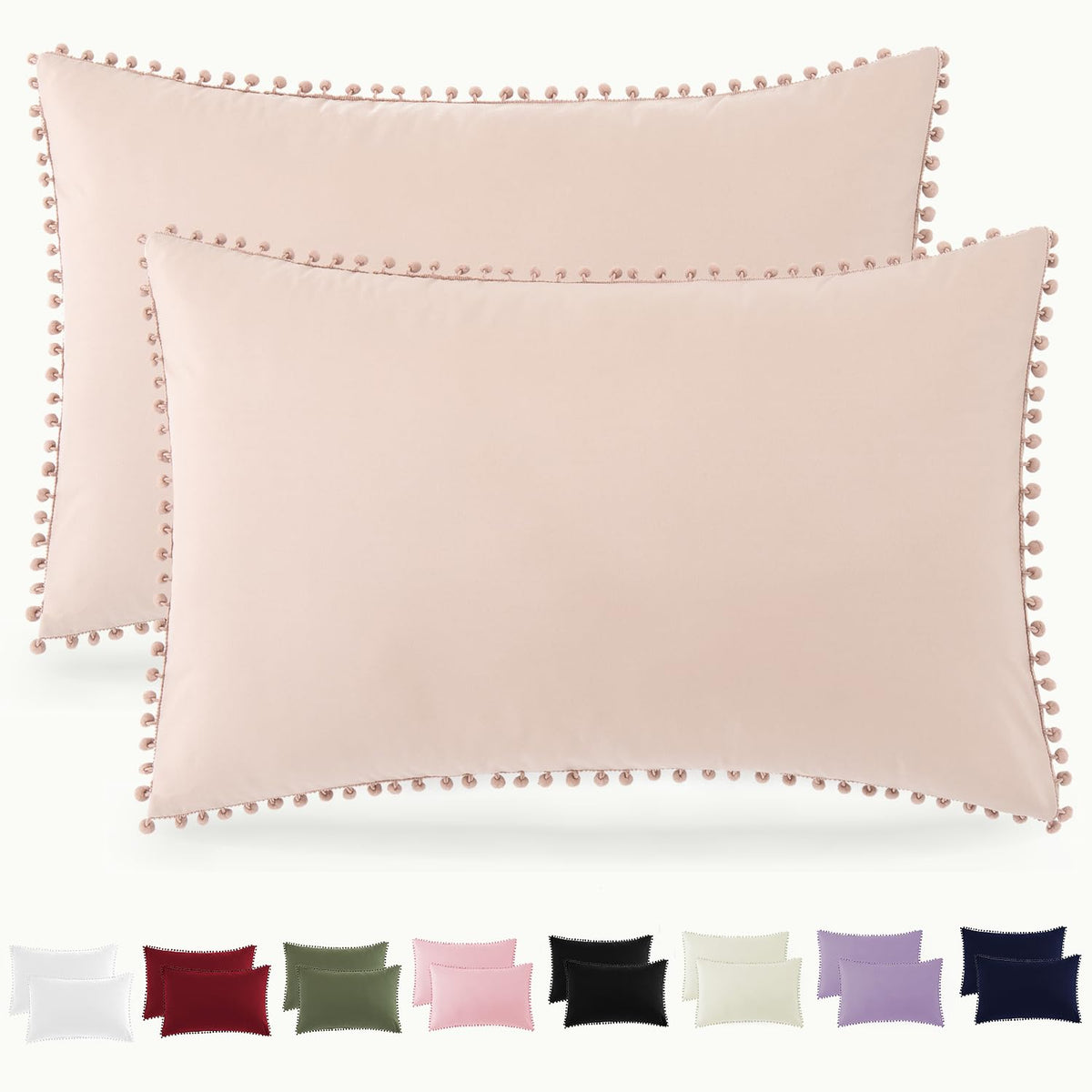 Pom Poms Pillow Shams King Size Set of 2, Olive Green Decorative Pillowcases with Envelope Closure, Soft Microfiber Shams Cover with Pom Pom Trim, Wrinkle Resistant (20 x 36 Inches)