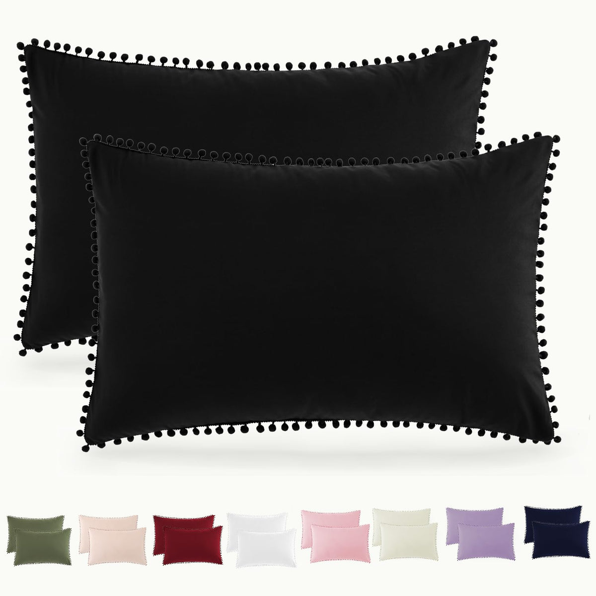 Pom Poms Pillow Shams King Size Set of 2, Olive Green Decorative Pillowcases with Envelope Closure, Soft Microfiber Shams Cover with Pom Pom Trim, Wrinkle Resistant (20 x 36 Inches)