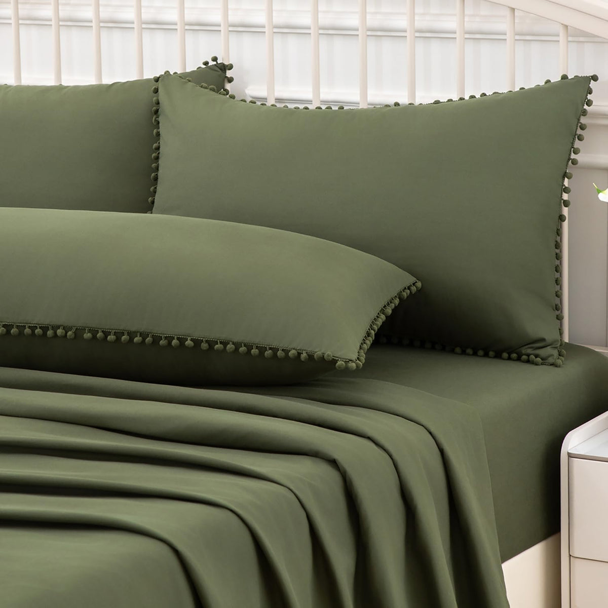 Pom Poms Pillow Shams King Size Set of 2, Olive Green Decorative Pillowcases with Envelope Closure, Soft Microfiber Shams Cover with Pom Pom Trim, Wrinkle Resistant (20 x 36 Inches)
