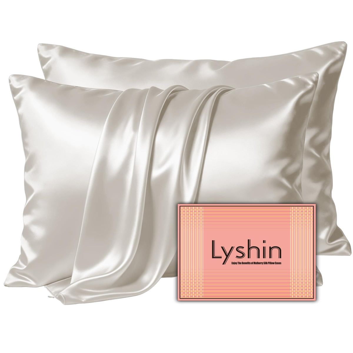LYSHIN Silk Pillow Cases 2 Pack Standard Size with Zipper, Champagne