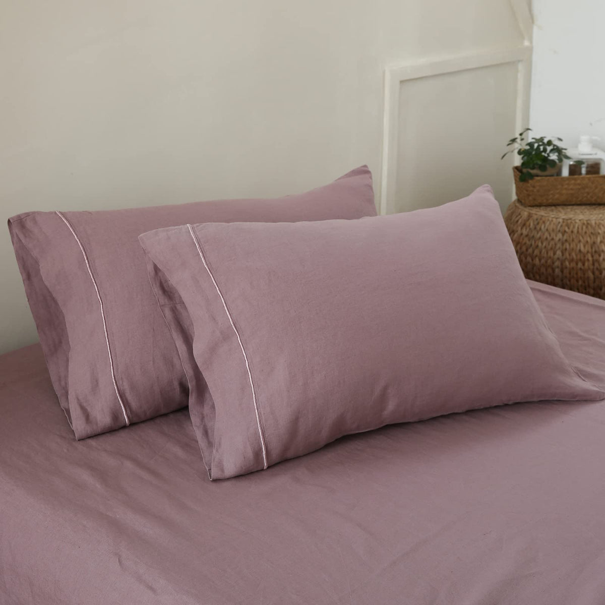 Simple&Opulence 100% French Linen Pillowcase Queen Size-Set of 2- Washed Solid Color Pillow Cases Embroidered -Soft and Durable (Linen, 20''x30'')