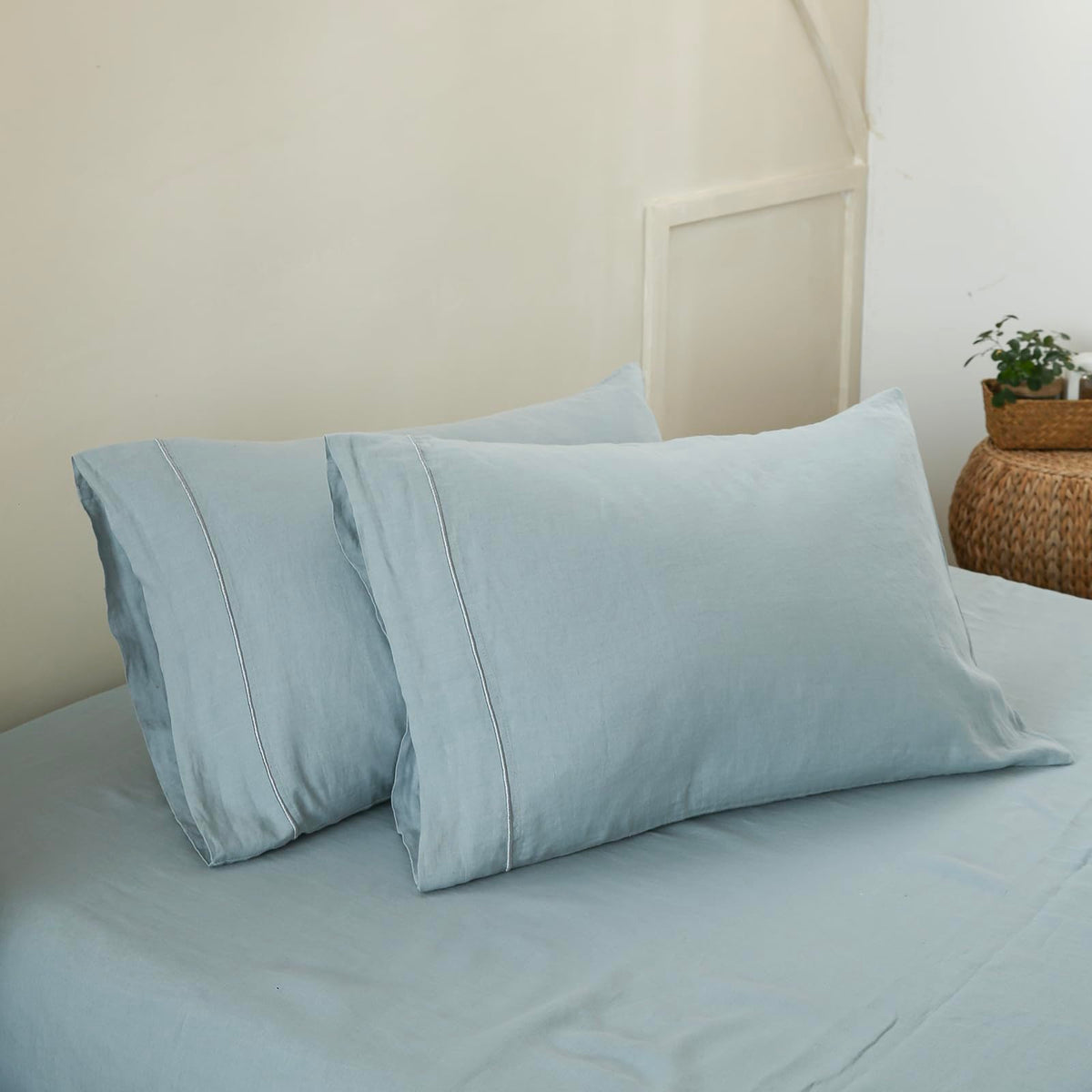 Simple&Opulence 100% French Linen Pillowcase Queen Size-Set of 2- Washed Solid Color Pillow Cases Embroidered -Soft and Durable (Linen, 20''x30'')