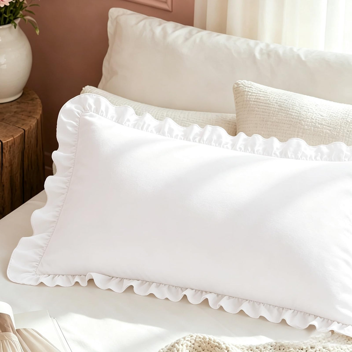 Homiest Ruffle Pillow Cases Standard Set of 2, White, 20x26 in