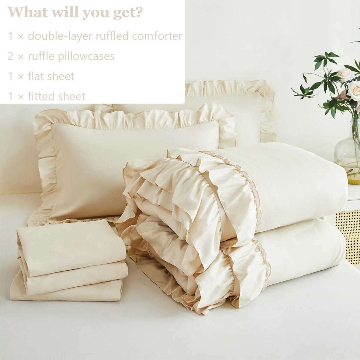 ANGIYUIN 5Pcs Beige Ruffled Comforter Set Queen Double-Layer Ruffle Bedding Comforter Set for Women Girls Fluffy Shabby Chic Bed in a Bag with Sheets(Beige Queen)