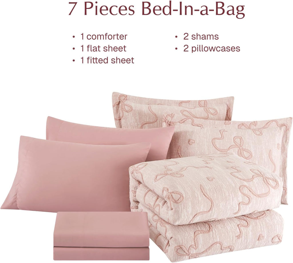 Queen Comforter Set - 7 Pieces Pink Bedding Set Bow Jacquard Bed in a Bag