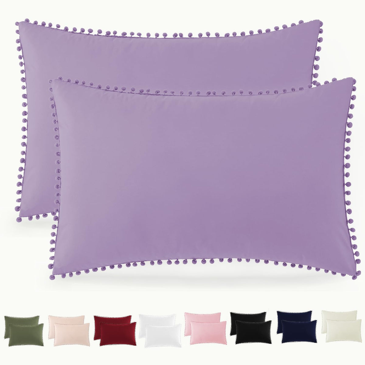 Pom Poms Pillow Shams King Size Set of 2, Olive Green Decorative Pillowcases with Envelope Closure, Soft Microfiber Shams Cover with Pom Pom Trim, Wrinkle Resistant (20 x 36 Inches)