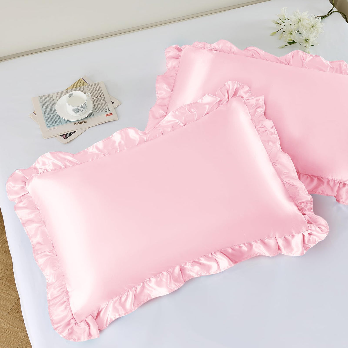 NSGZ Ruffled Satin Pillowcase Set of 2, Standard 20x26 Inch, Ivory White