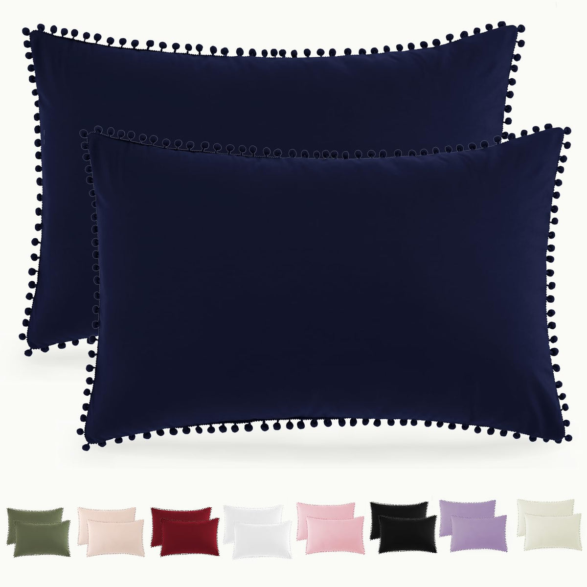 Pom Poms Pillow Shams King Size Set of 2, Olive Green Decorative Pillowcases with Envelope Closure, Soft Microfiber Shams Cover with Pom Pom Trim, Wrinkle Resistant (20 x 36 Inches)