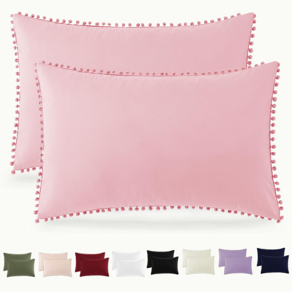 Pom Poms Pillow Shams King Size Set of 2, Olive Green Decorative Pillowcases with Envelope Closure, Soft Microfiber Shams Cover with Pom Pom Trim, Wrinkle Resistant (20 x 36 Inches)