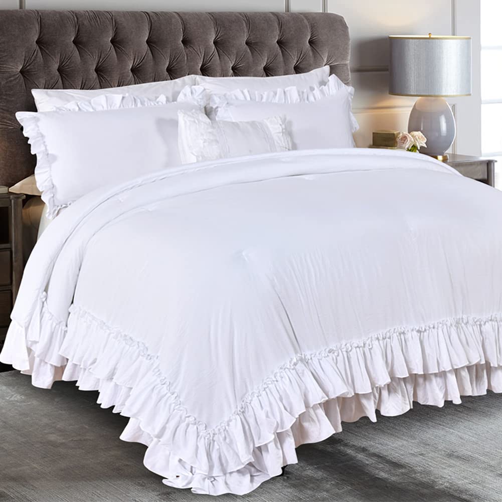 Masaca Ruffled Comforter Set Queen,Farmhouse Shabby Boho Chic Bedding Wheat and White Ruffle Comforter Vintage Rustic French Country Elegant Bedding Set 3PCS