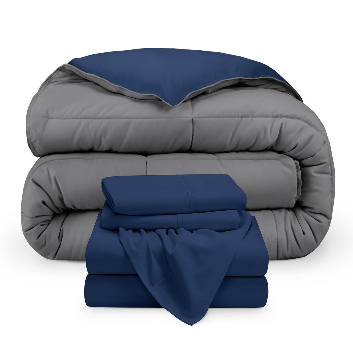 Bare Home Reversible Bed-in-A-Bag Comforter & Sheet Set - Queen - Down Alternative - Soft - Bedding Set (Queen, Light Grey/Grey)