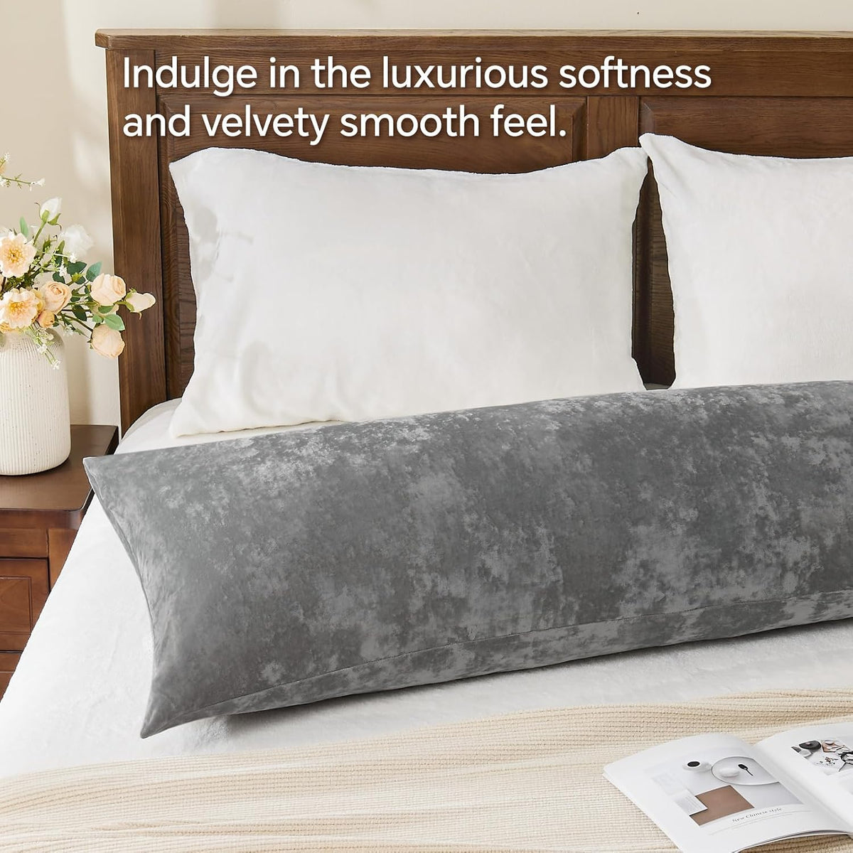 BEDELITE Velvet Body Pillow Cover with Zipper, Grey, 20x54 Inch, 1 Pack