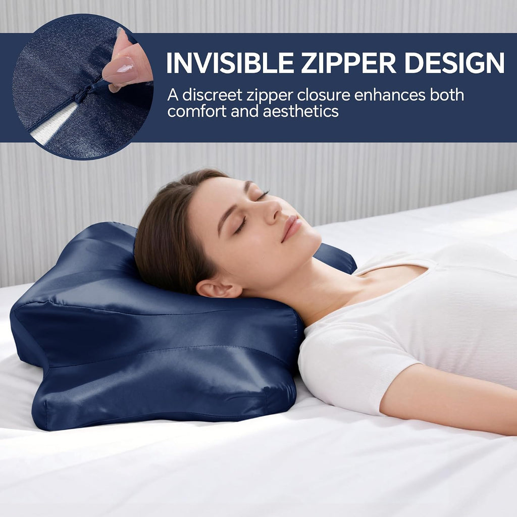 HOMBYS 2 Pack Satin Cervical Pillowcases (Only Pillowcase), Silky Butterfly-Shaped Contour Pillow Cover Cervical Neck Pillow Case with Zipper for Side Back Stomach Sleepers (Navy Blue, Queen Size)