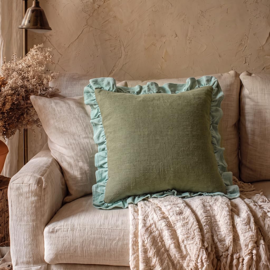 patdrea Vintage Green Linen Throw Pillow Covers,Set of 2,18"x18"-Kubum