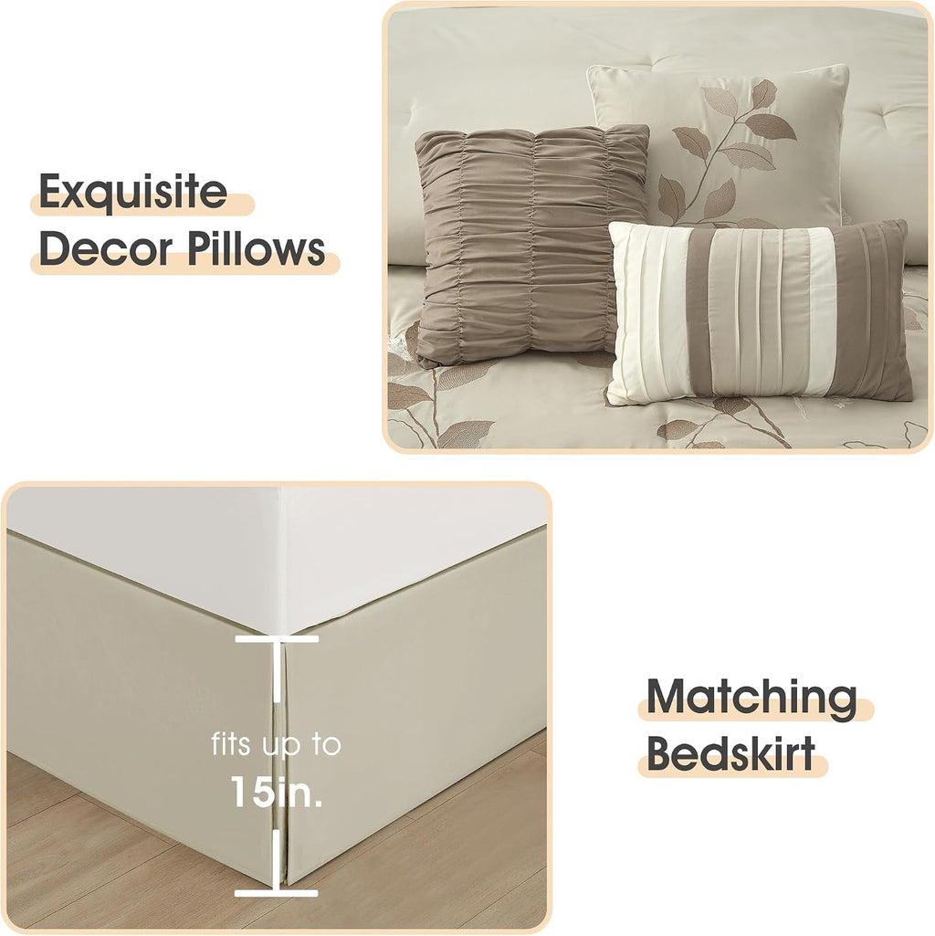 LANCO MODERN LIFESTYLE Beige King Comforter Set, 7 Pieces Bed in a Bag, Elegant Floral Leaves Embroidery, Soft and Lightweight All Seasons Bedding Set, Bedskirt, Pillow Shams, Decor Pillows