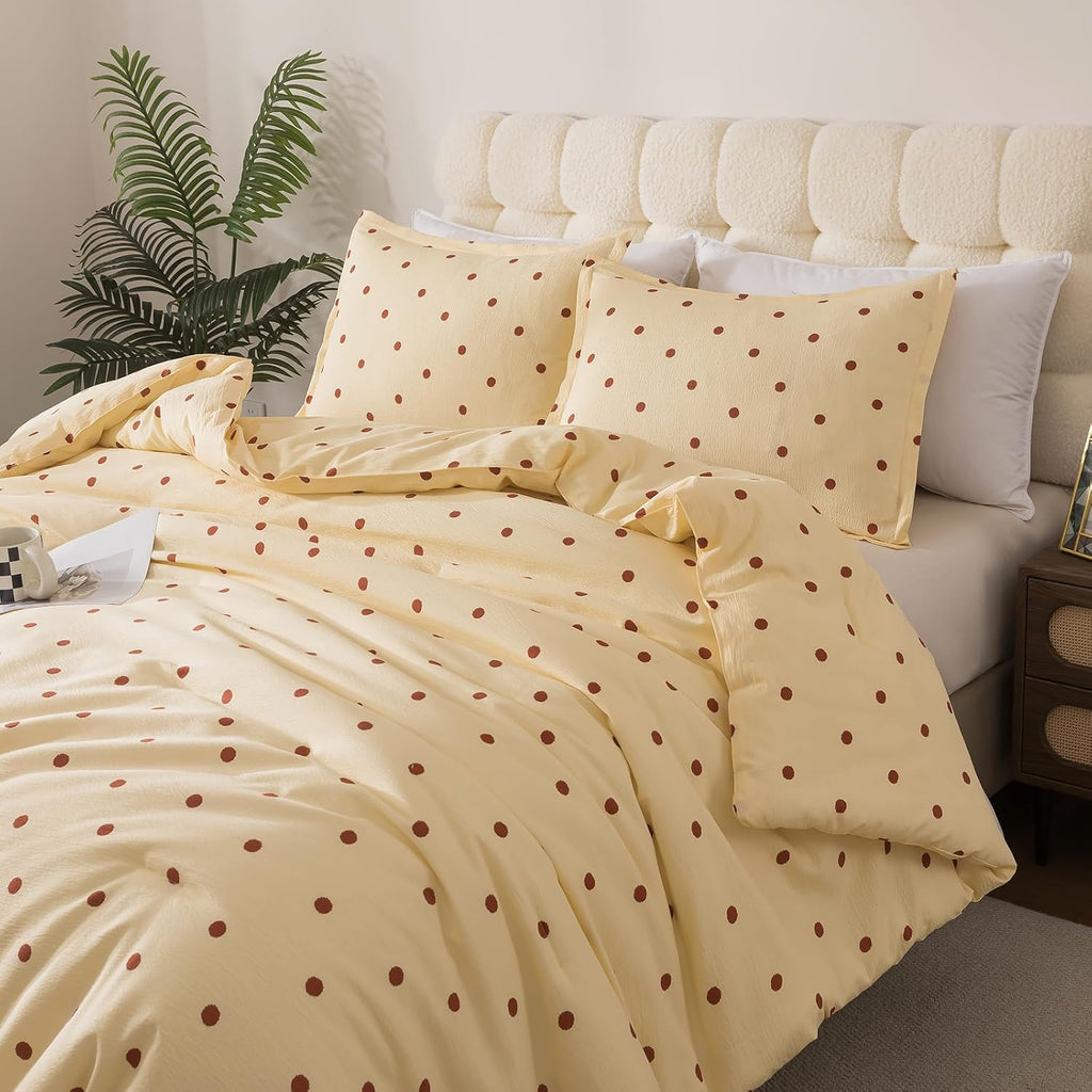 Caressma Yellow Full Comforter Set with Polka Dots 3 Pieces Bedding Set