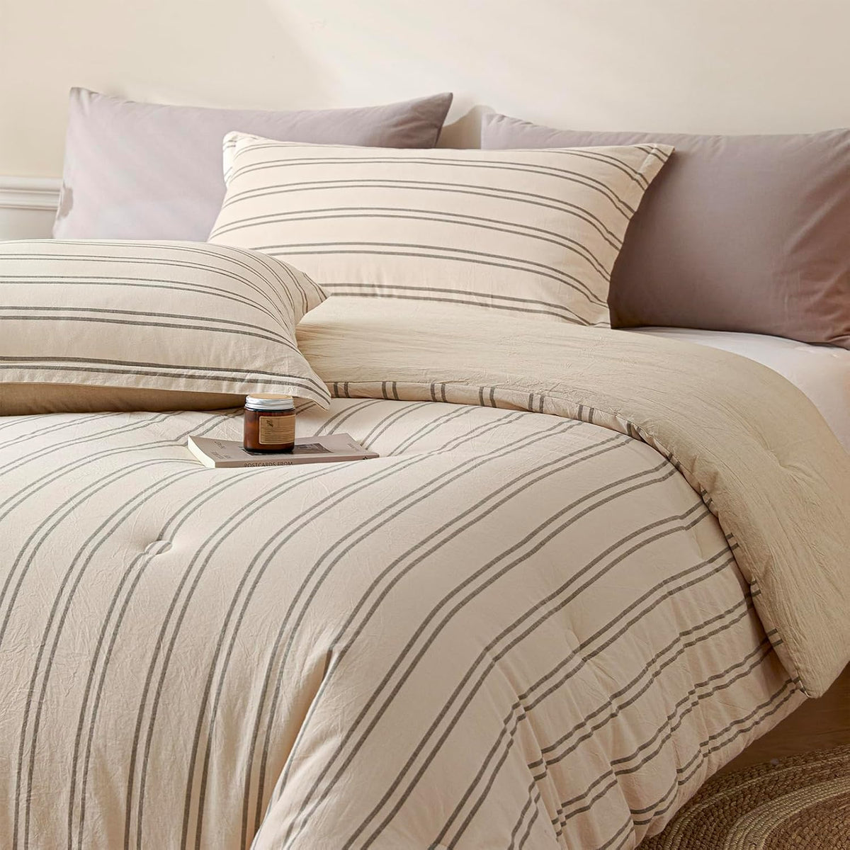 Cyusri Cotton Stripe Full Comforter Set - Soft Lightweight Bedding 3 Pieces Dyed Bed Set with 2 Pillow Shams,Reversible All Season Farmhouse Down Alternative(Full Size 80"x90" Beige)