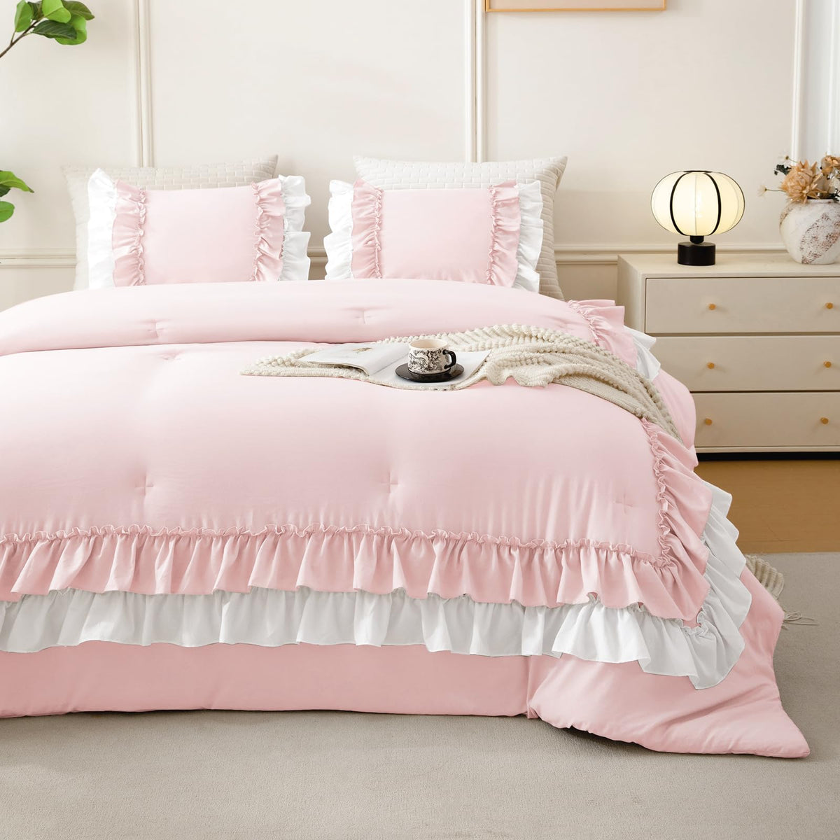 QSH Queen's House Light Blue Farmhouse Ruffled King Size Comforter Set,Lightweight Microfiber Inner Fill Fluffy Boho Chic Bedding Comforter,Ultra Soft Microfiber Inner Fill Bedding