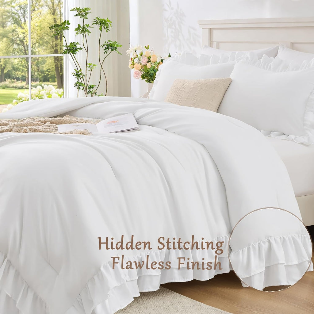 White Ruffle Comforter Set Queen Size, 3-Piece Shabby Chic Bedding