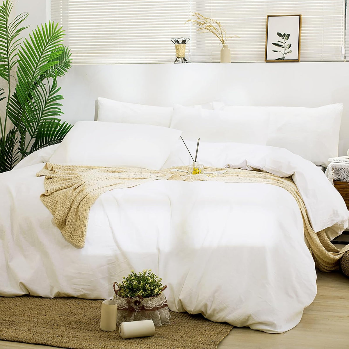 TUMEI 100% Linen King Pillow Cases Set of 2 (20"x36"), White Natural Linen