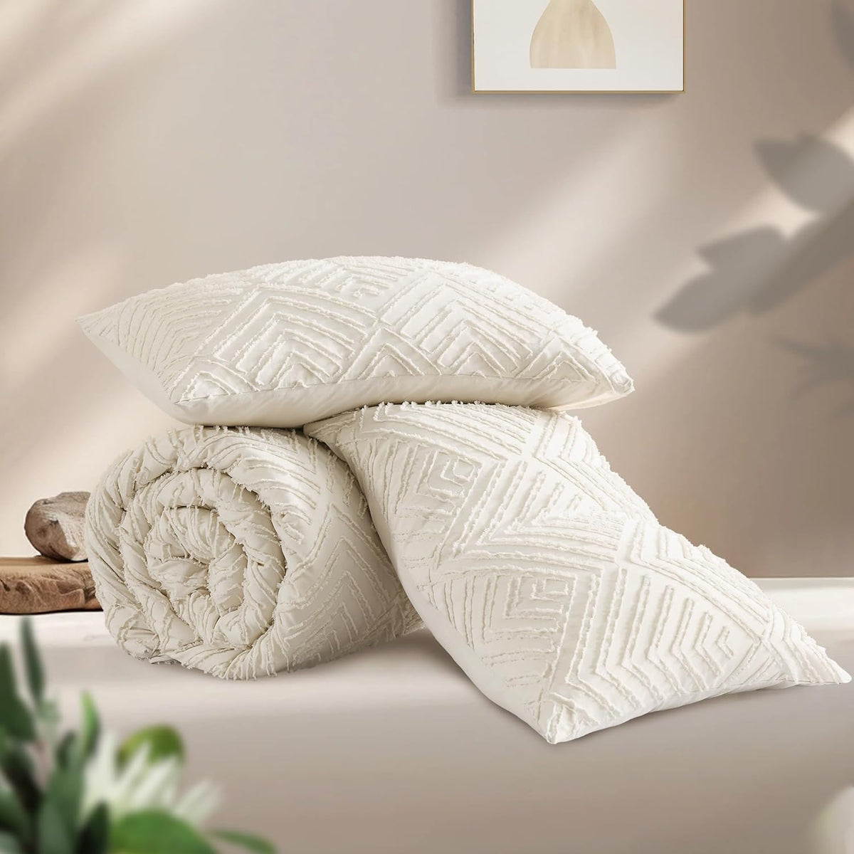 Andency King Size Comforter Set Beige, 3 Pieces Boho Bedding