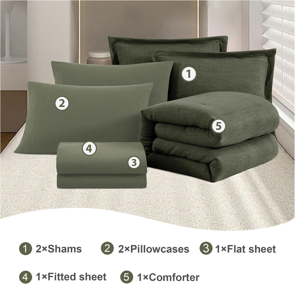 King Comforter Set - 7 Pieces Green Textured Bed in a Bag King Bedding Set