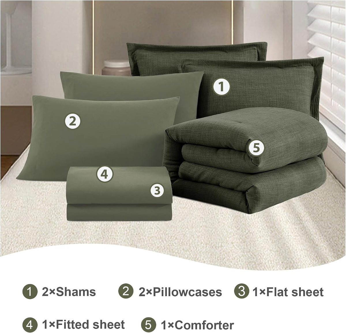 King Comforter Set - 7 Pieces Green Textured Bed in a Bag King Bedding Set