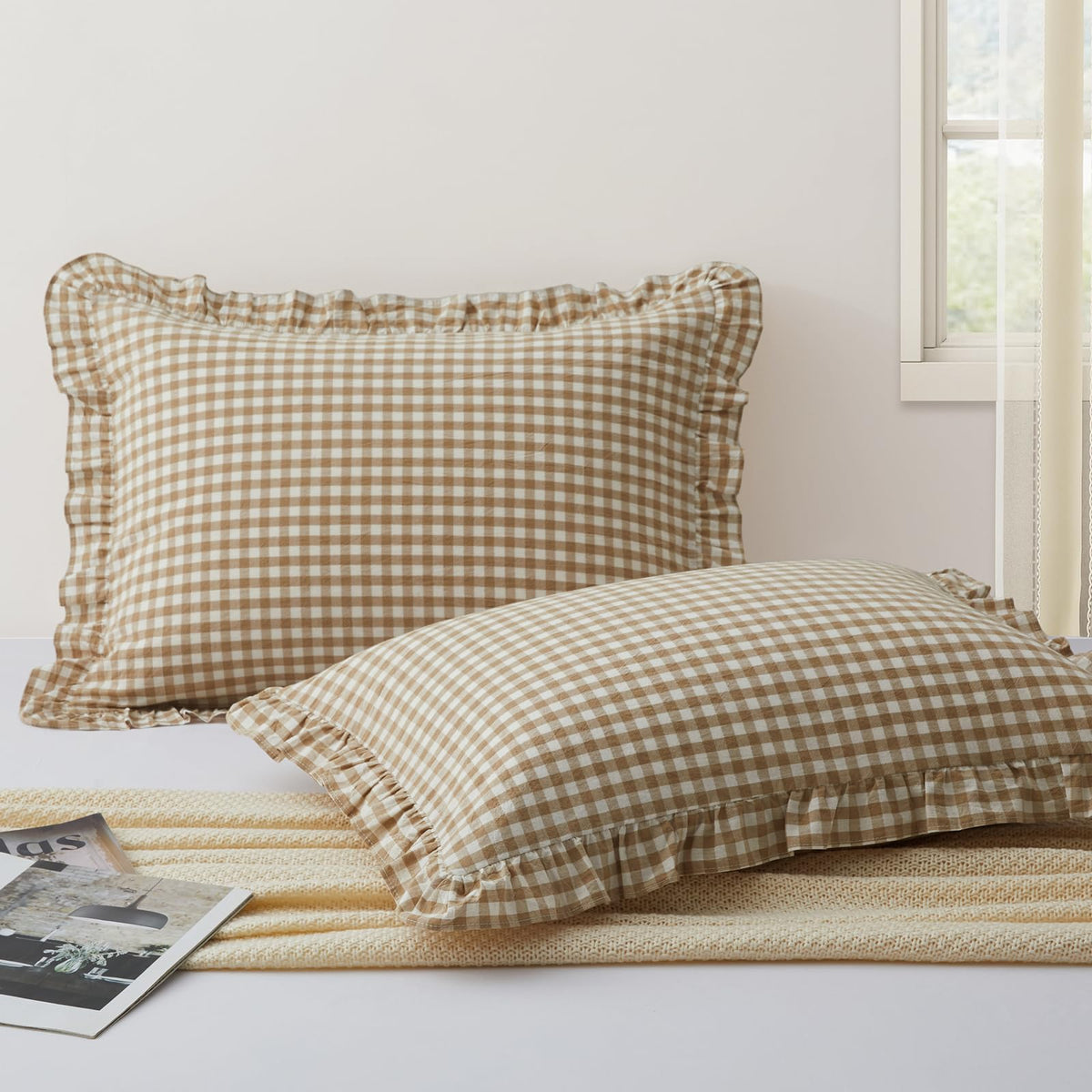 KKJIAF 2 Pcs Plaid Ruffle Pillow Case Standard Size, Sage Green Plaid